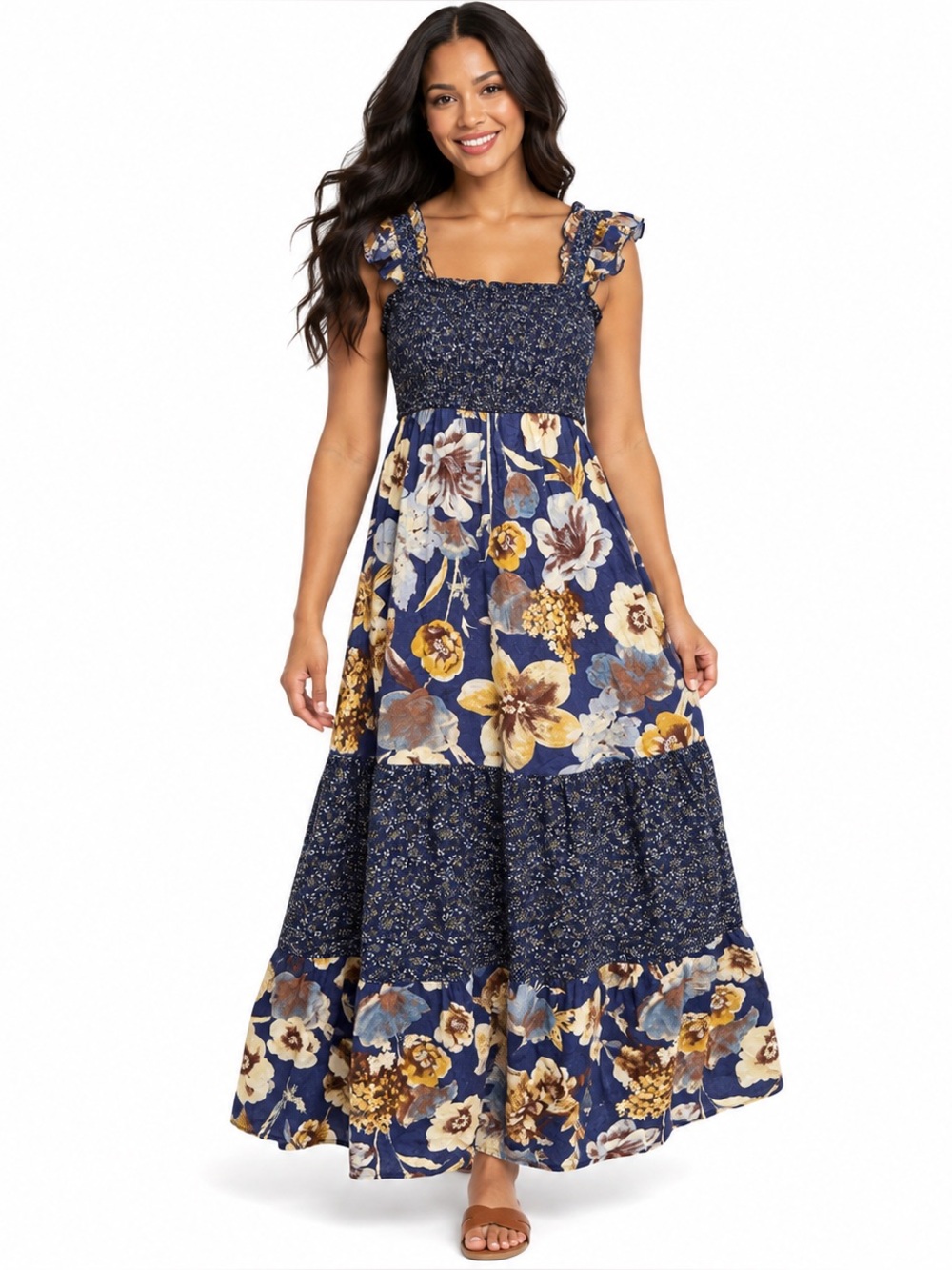 MAURICES Navy Floral Smocked Ruffle Strap Boho Maxi Dress S